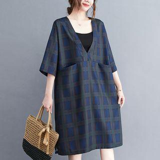 Elbow-sleeve Plaid Smock Dress