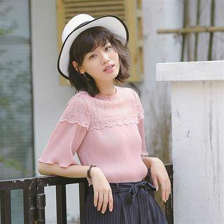 Frill Trim Lace Panel Short-sleeve Chiffon Top