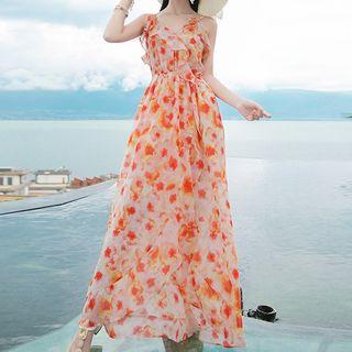 Flower Print Spaghetti Strap Maxi A-line Dress