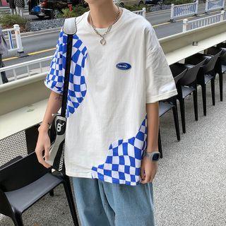 Short-sleeve Checker Print Panel T-shirt