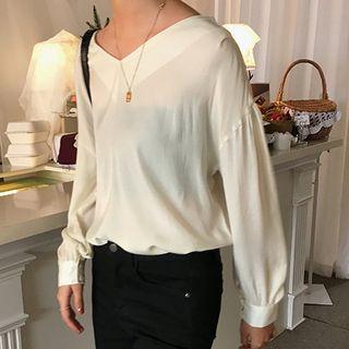 Plain V-neck Blouse Almond - One Size