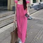 Short-sleeve Midi A-line Dress Fuchsia - One Size