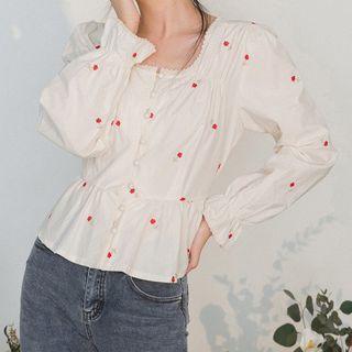 Floral Embroidered Long-sleeve Square-neck Blouse