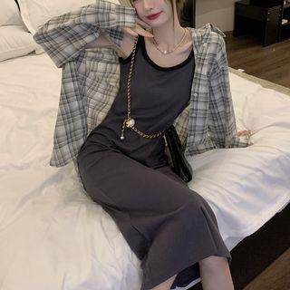 Spaghetti Strap Contrast Trim Midi Sheath Dress / Plaid Shirt