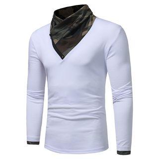 Mock Two-piece Turtleneck Camo Panel Long-sleeve T-shirt