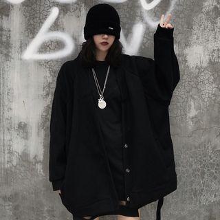 Raglan-sleeve V-neck Button Jacket Black - One Size