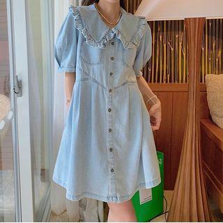 Puff-sleeve Peter Pan Collar Ruffle Trim Denim A-line Mini Dress