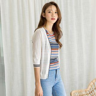 3/4-sleeve Piped Sheer Cardigan