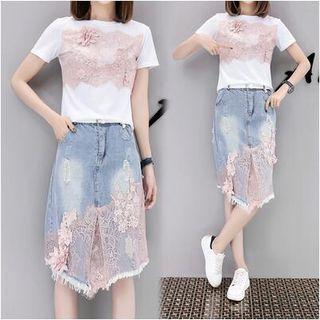 Set: Short-sleeve T-shirt + Lace Panel Denim Skirt