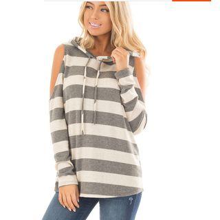 Striped Cold Shoulder Hoodie