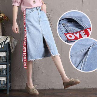Slit-front Lettering Strap Denim Skirt