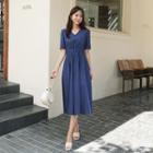 V-neck Pleated-waist Long Dress