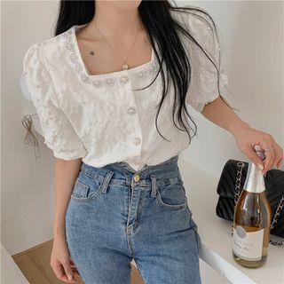 Square-neck Faux Pearl Blouse White - One Size