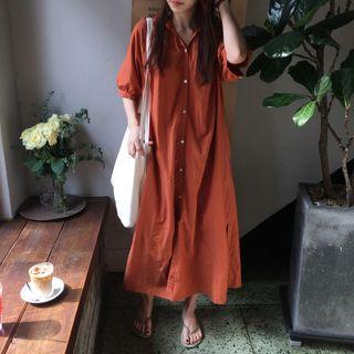 Elbow-sleeve Buttoned Midi Dress