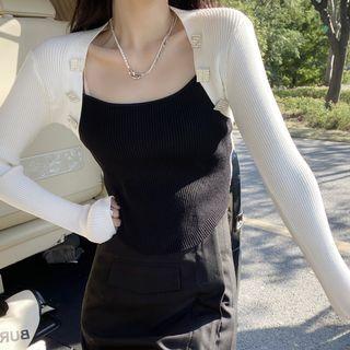 Square-neck Two Tone Ribbed Knit Cropped Top