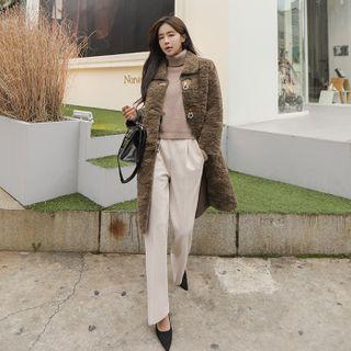 Buckle-closure Eco Fur Coat Brown - One Size