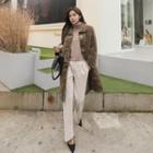 Buckle-closure Eco Fur Coat Brown - One Size