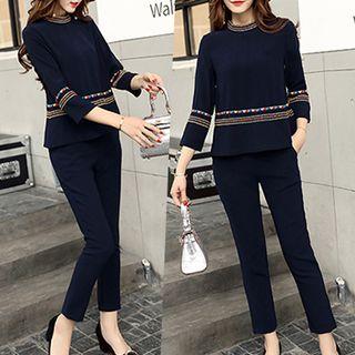 Set: Patterned Trim 3/4-sleeve Top + Slim-fit Pants