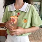 Embroidered Elbow-sleeve Polo Shirt / Pleated Mini Skirt