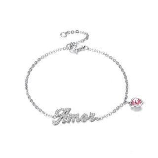 925 Sterling Silver Simple Letter Amor And Pink Heart Bracelet With Austrian Element Crystal Silver - One Size