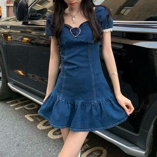Puff-sleeve Lace Panel Denim Slim-fit Dress