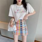 Short-sleeve Letter Embroidery T-shirt / Plaid Skirt