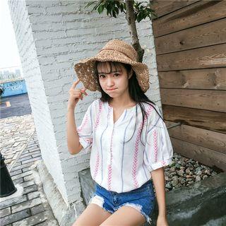 Patterned Elbow Sleeve Split Neck Blouse