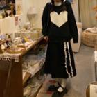 Heart Print Sweater / Frill Trim Midi A-line Skirt