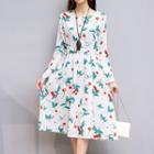 Cherry Print Long-sleeve A-line Midi Dress