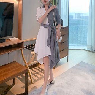 Color Panel Elbow-sleeve Asymmetric A-line Shirtdress