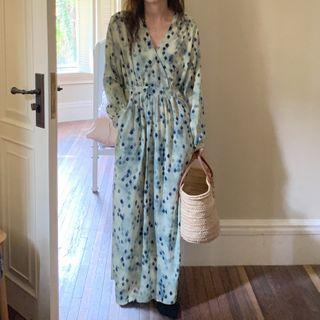Puff-sleeve Dotted Midi A-line Dress Blue Dotted - Light Green - One Size