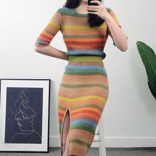 Set: Elbow-sleeve Striped Knit Top + Slit Midi Pencil Skirt