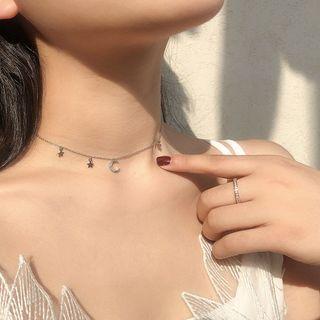 Rhinestone Moon & Star Choker Star & Moon - Silver - One Size