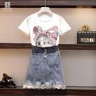 Short-sleeve Cat Print T-shirt / Ripped Denim Skirt / Set