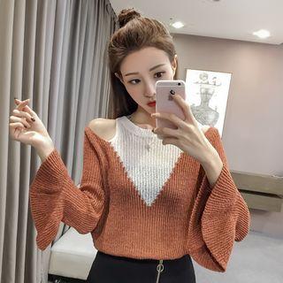 Color Panel Cut Out Shoulder Sweater