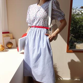 Puff-sleeve A-line Dress With Belt Sky Blue - One Size