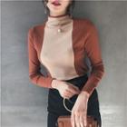 Mock-neck Two-tone Long-sleeve Knit Top
