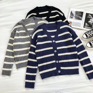 Color-block Striped V-neck Single-breasted Long-sleeve Cardigan