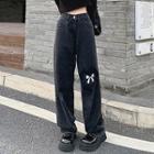 Ribbon Embroidery Mid Rise Straight Leg Jeans