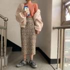 Fleece Loose-fit Hooded Jacket / Plain Long-sleeve Top / Leopard Skirt