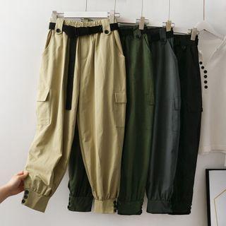 Elastic High-waist Loose Cargo Jogger Pants With Belt