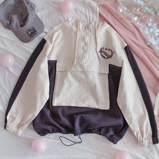 Two-tone Half-zip Hooded Top As Shown In Figure - One Size