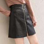 Front Zip Faux-leather A-line Skirt