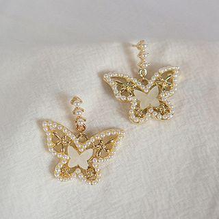 Faux Pearl Butterfly Drop Earring 1 Pair - Silver Pin - As Shown In Figure - One Size