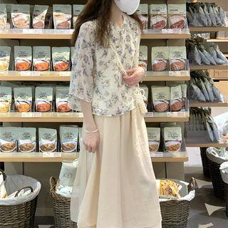 Flared-sleeve Floral Blouse / Midi A-line Skirt