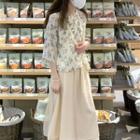 Flared-sleeve Floral Blouse / Midi A-line Skirt