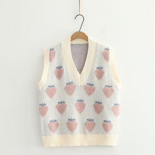 Strawberry Print Knit Vest Beige - One Size