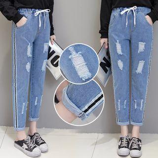 Drawstring Waist Contrast Trim Ripped Jeans