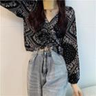 V Neck Drawstring Print Long Sleeve Shirt