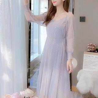 Rhinestone Mesh Midi A-line Dress